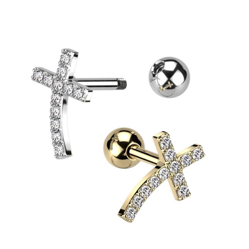 Tragus/Öron Piercing Curved Kors med Kristaller