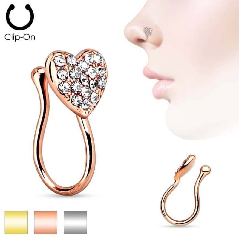 Heart with Gems Non Piercing Gold IP Nose Clip
