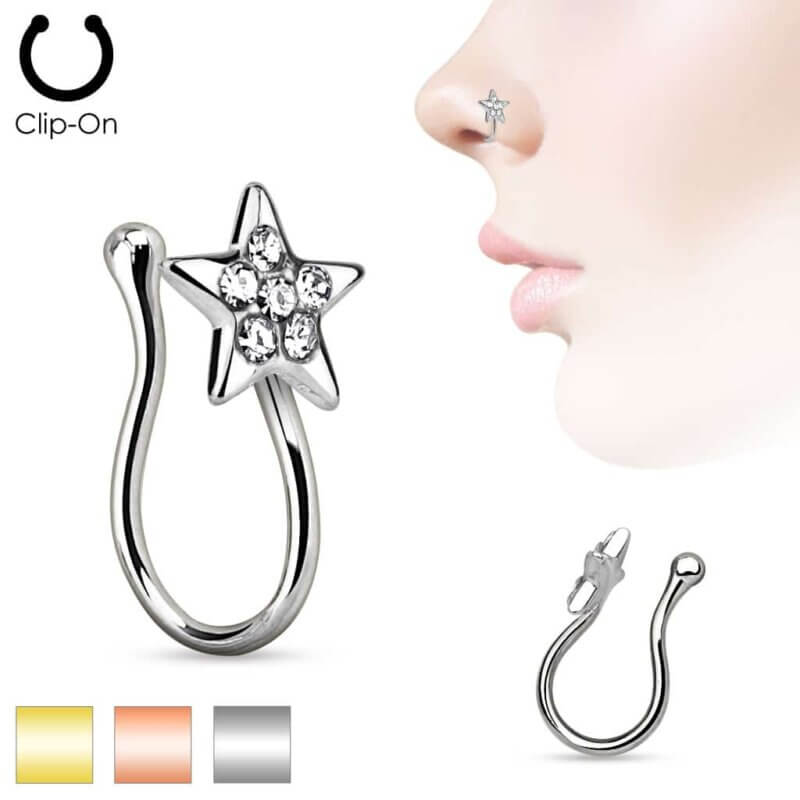 Star with Gems Gold IP Non Piercing Nose Clip