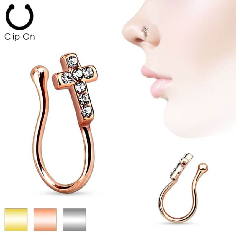 Cross with Clear Gems Gold IP Non Piercing Nose Clip
