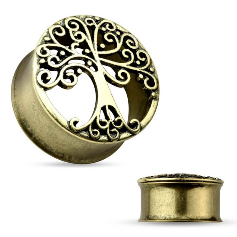 Tree Of Life Antique Gold IP Double Flared Tunnel