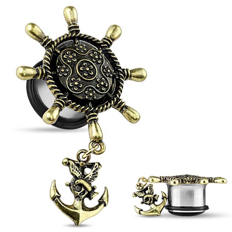 Ship Wheel with Anchor Dangle Single Flare Plug