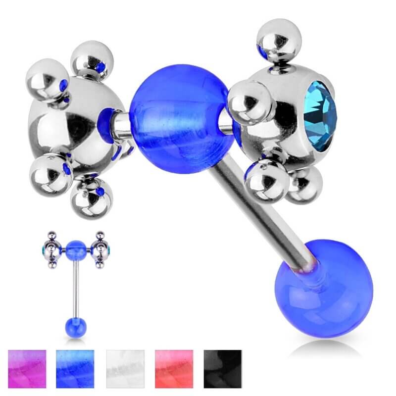Barbell w/ Acrylic Ball & Clear Gem Set Multi Steel Ball