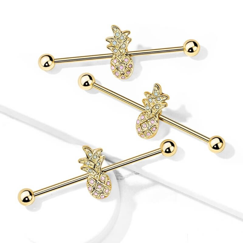Industrial Piercing med Ananas i Guld