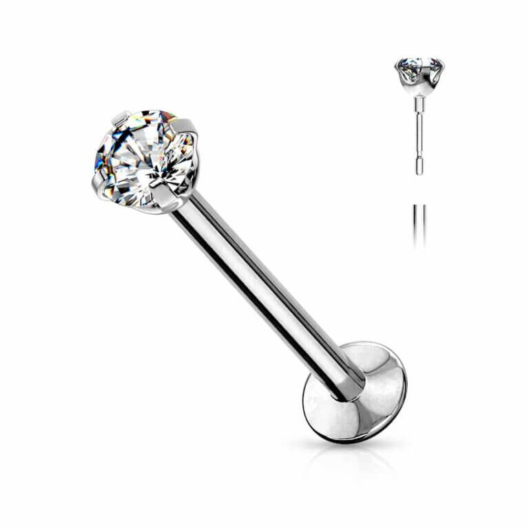 Läppiercing: Push In Prong Set CZ Top Labret, Monroe, Flat Back Stud