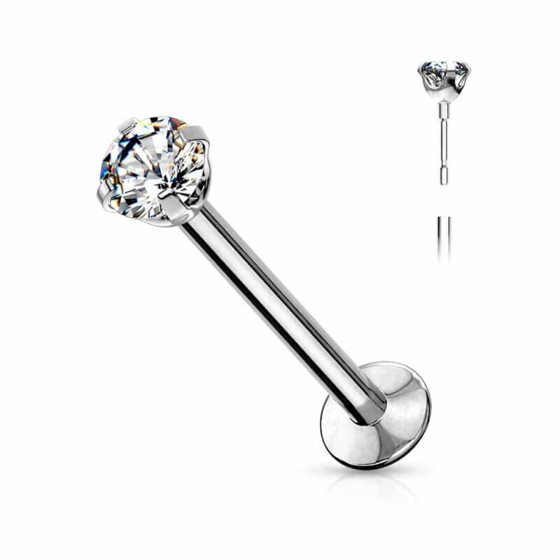 Push In Prong Set CZ Top Labret, Monroe, Flat Back Stud