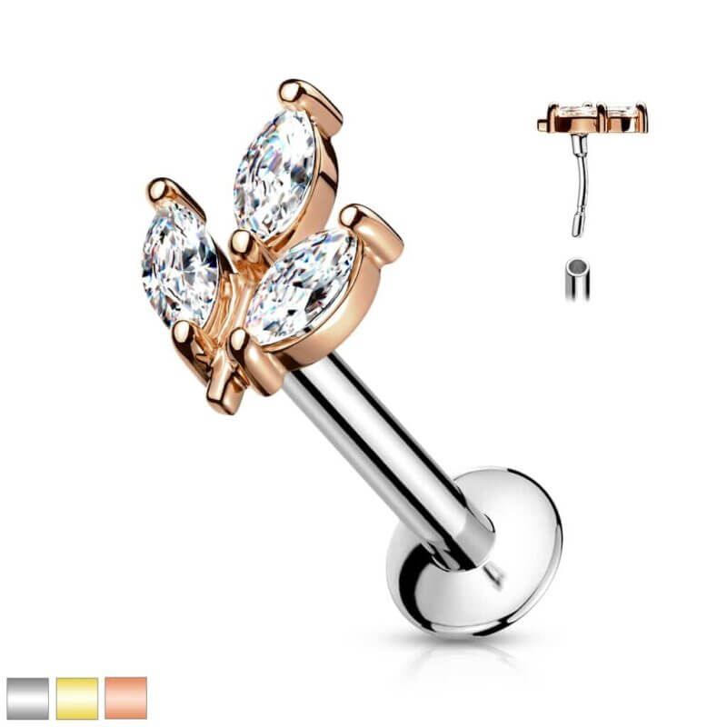 Push In Labret med Tre Kristaller