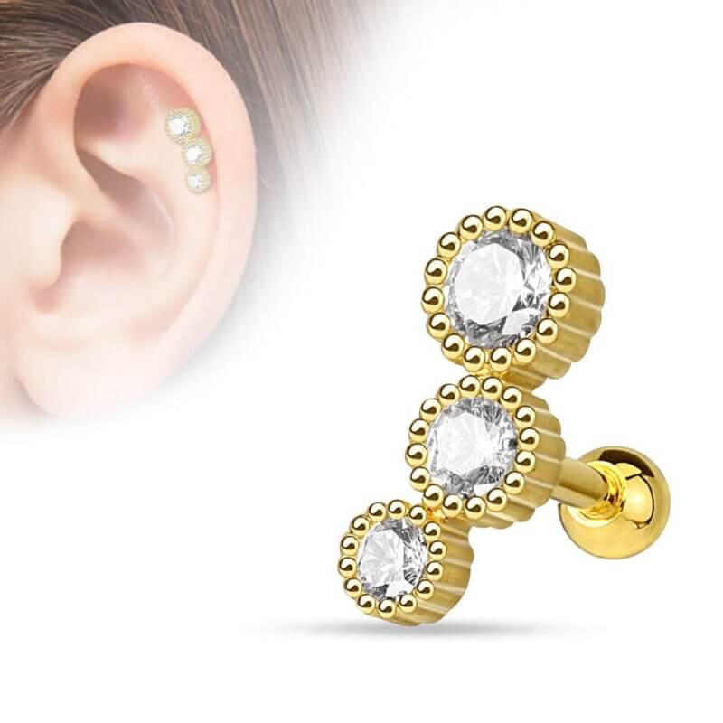 Tragus/Helix i guld med tre runda kristaller