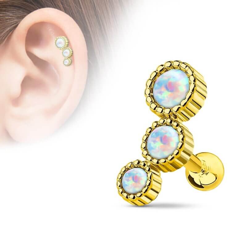 Tragus/Helix i guld med tre runda stenar