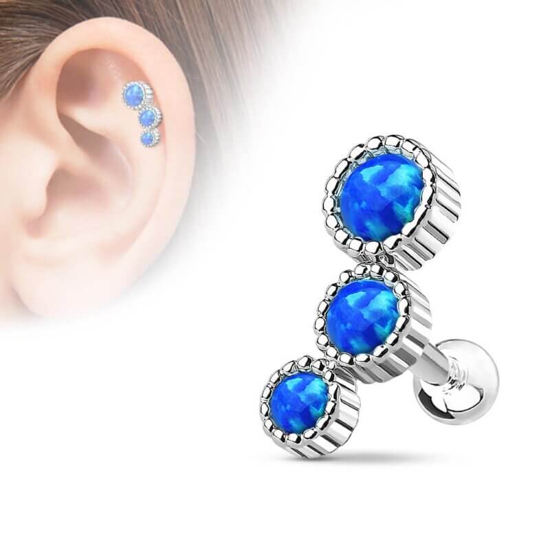 Tragus/Helix med tre runda blå stenar