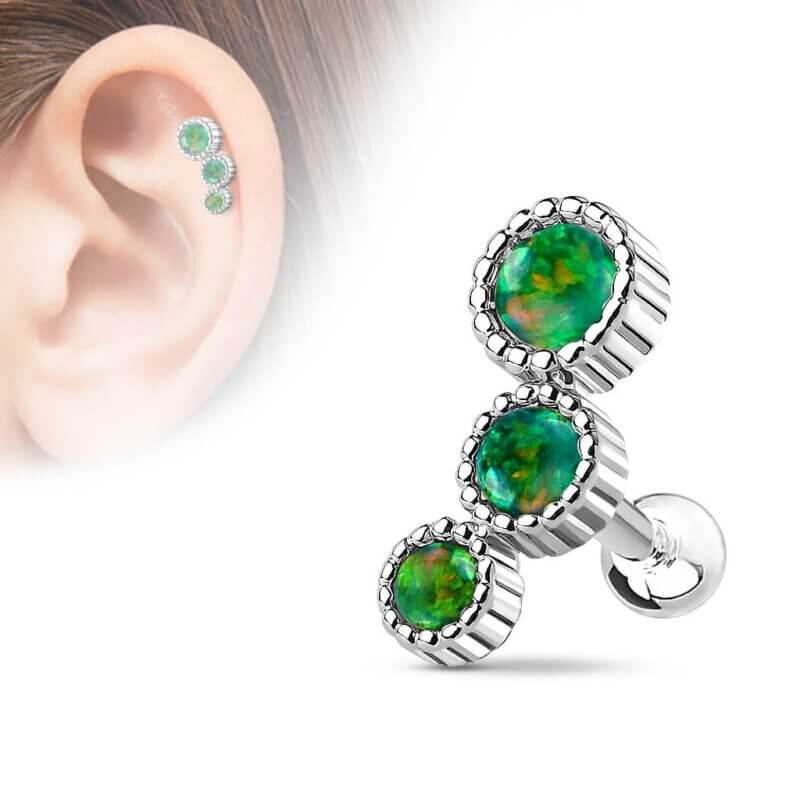 Tragus/Helix med tre runda gröna stenar