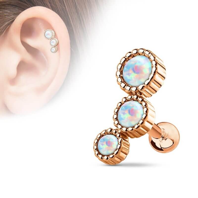 Tragus Helix i Roséguld med Tre Runda Stenar