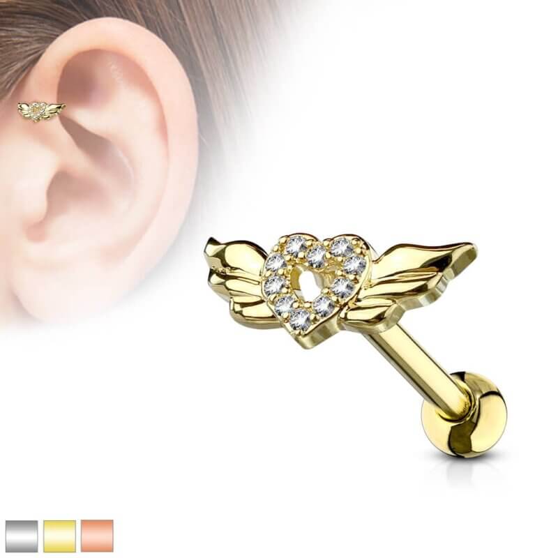 CZ Paved Heart with Wings Cartilage, Tragus Barbell Studs