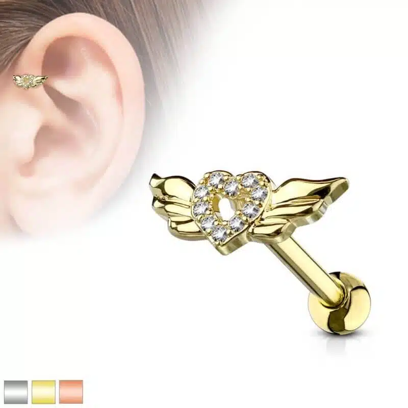 CZ Paved Heart with Wings Cartilage, Tragus Barbell Studs