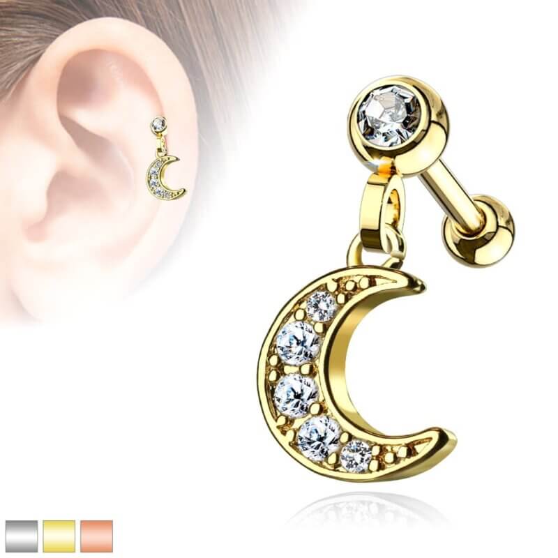 CZ Paved Crescent Dangle Cartilage, Tragus Barbell Studs