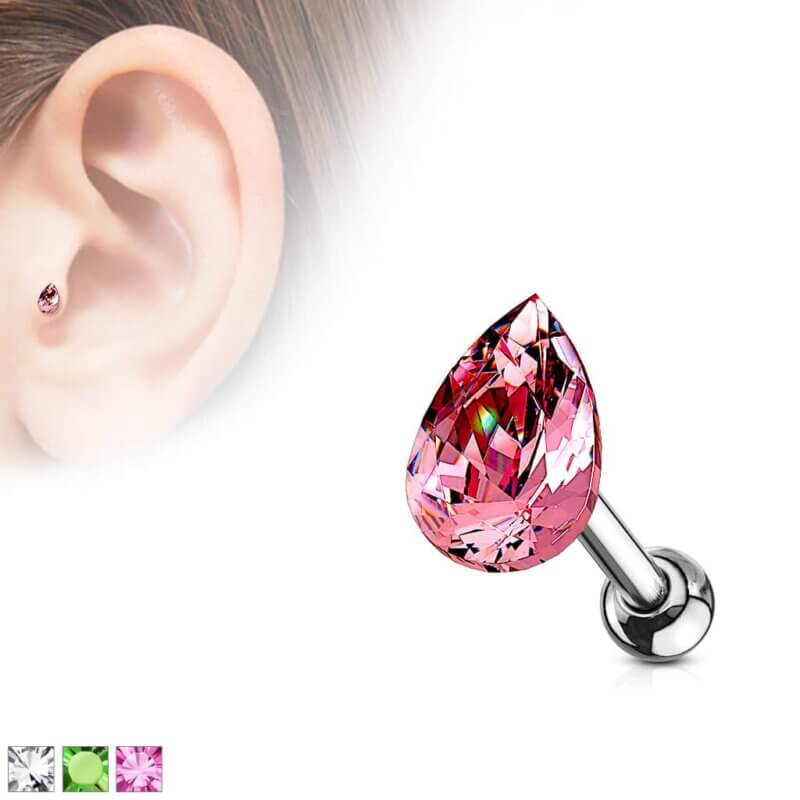 Tear Drop Crystal Top Cartilage, Tragus Barbell Studs