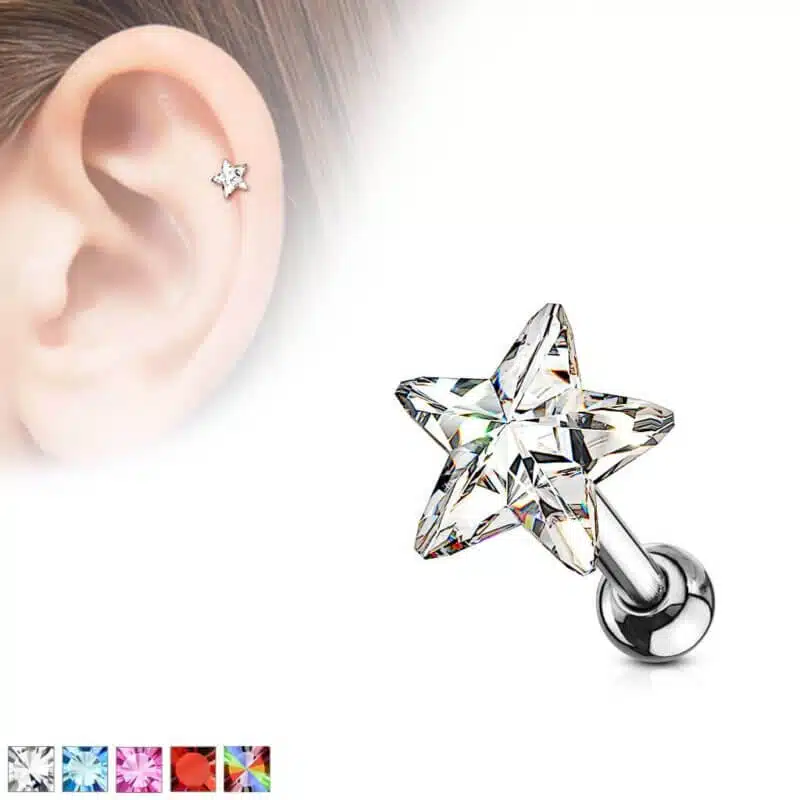 Star Crystal Top Cartilage, Tragus Barbell Studs