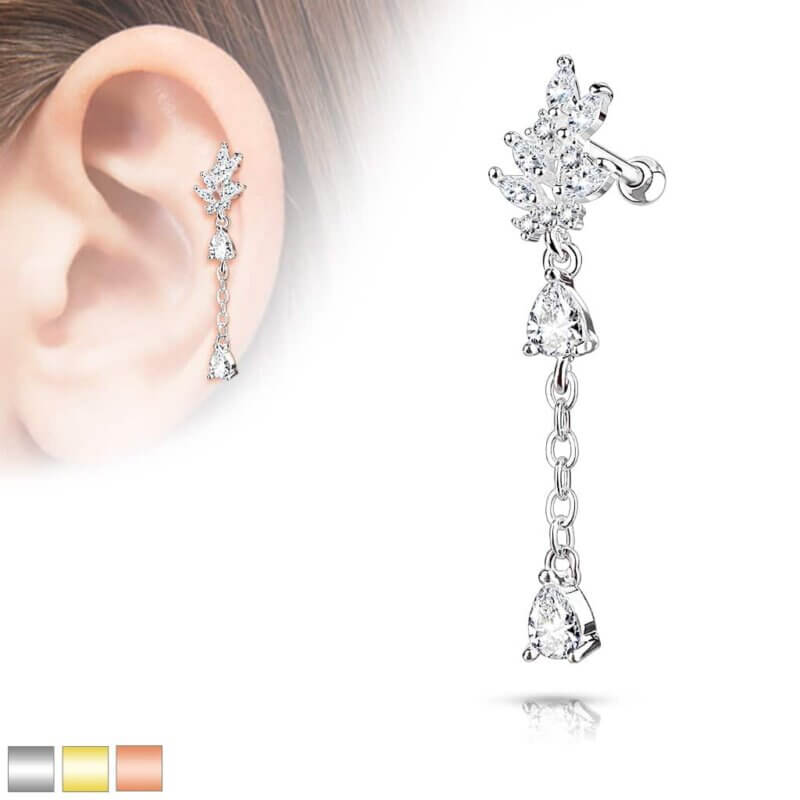 CZ Cluster Leaf Cartilage Barbell Studs RoseGold