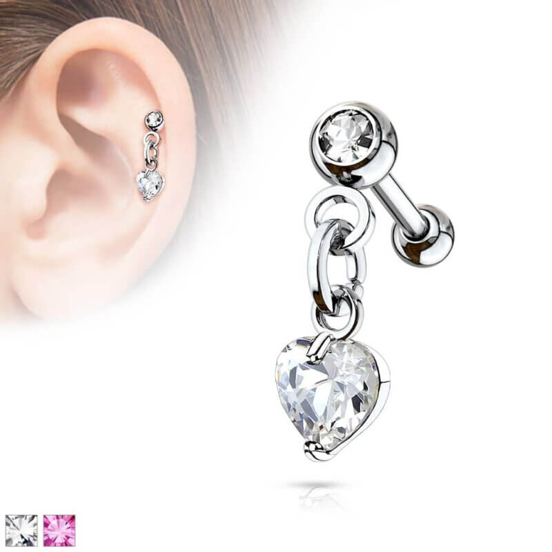 Heart CZ Dangle Cartilage, Tragus Barbell Studs