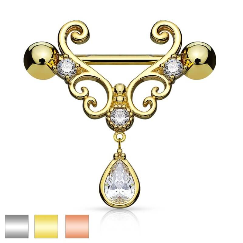 CZ Set Heart Filigree with Tear Drop CZ Dangle Nipple