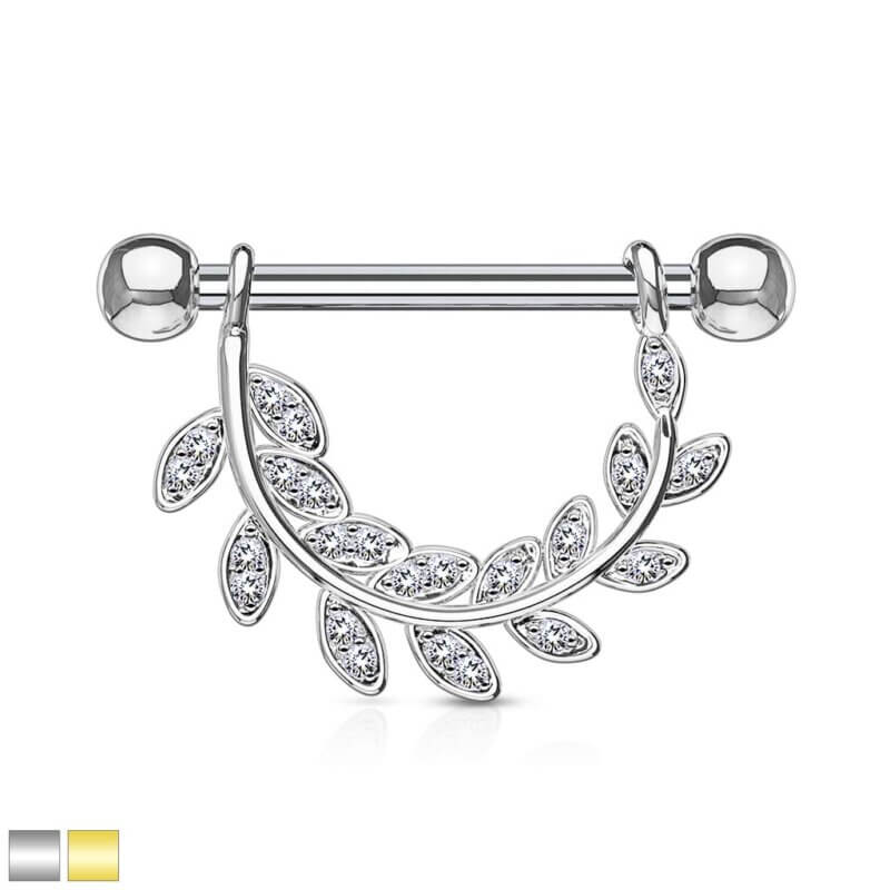 CZ Paved Leaf Hanging Barbell Nipple Rings