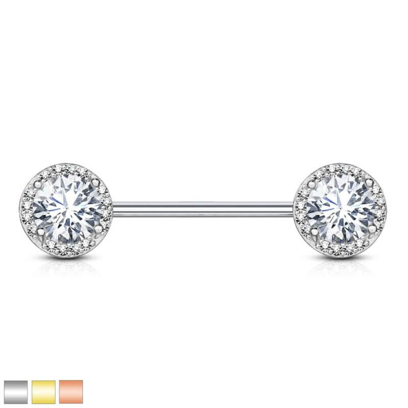 Round CZ Center with CZ Paved Around Ends Nipple Barbell