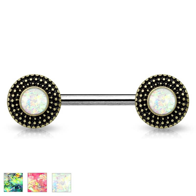Opal Glitter Centered Tribal Shield Ends Nipple Barbells