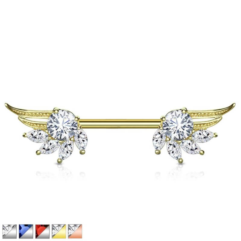 Round and Marquise CZ Prong Set Angel Wings Ends Nipple Barbell
