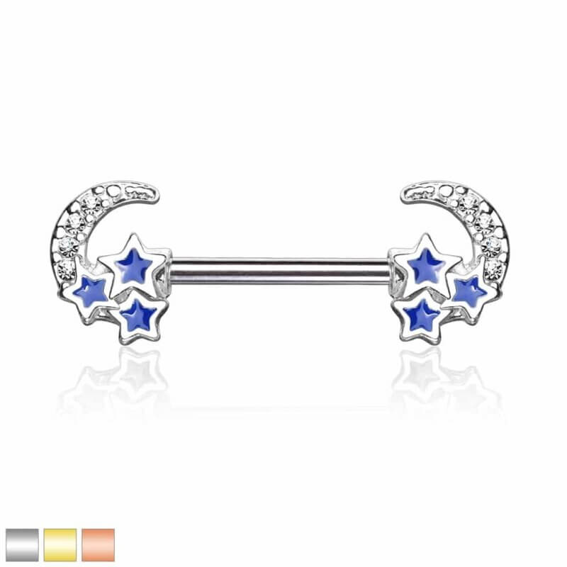 CZ Paved Crescent Moon with 3 Blue Stars Nipple Barbell