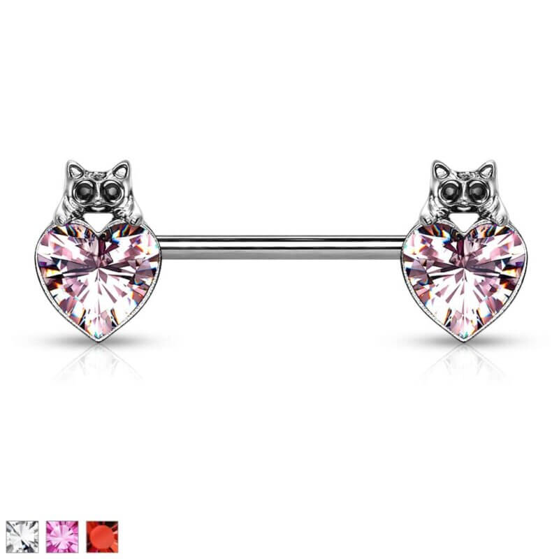 Cat with Black Crystal Eyes over Heart Crystal Nipple Barbell
