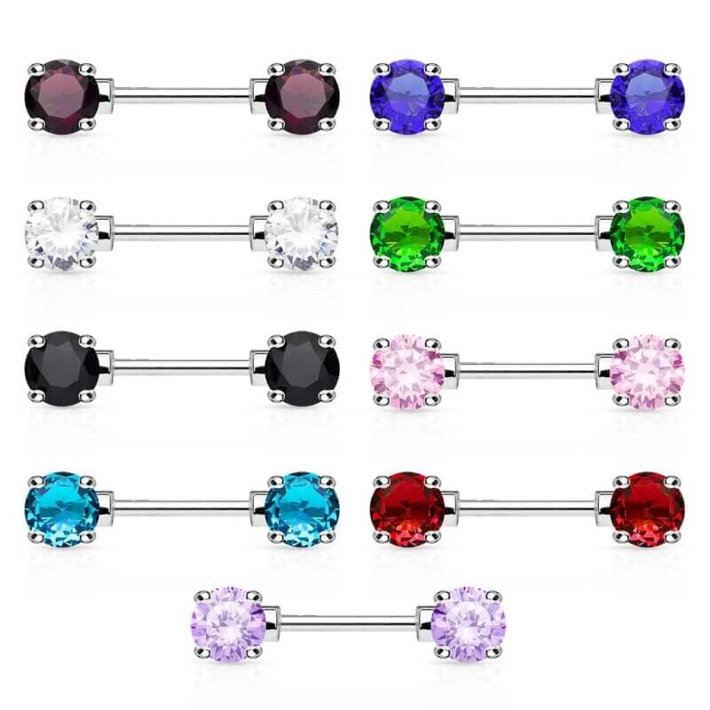 Double Front Facing Round Prong Set CZs Nipple Bar