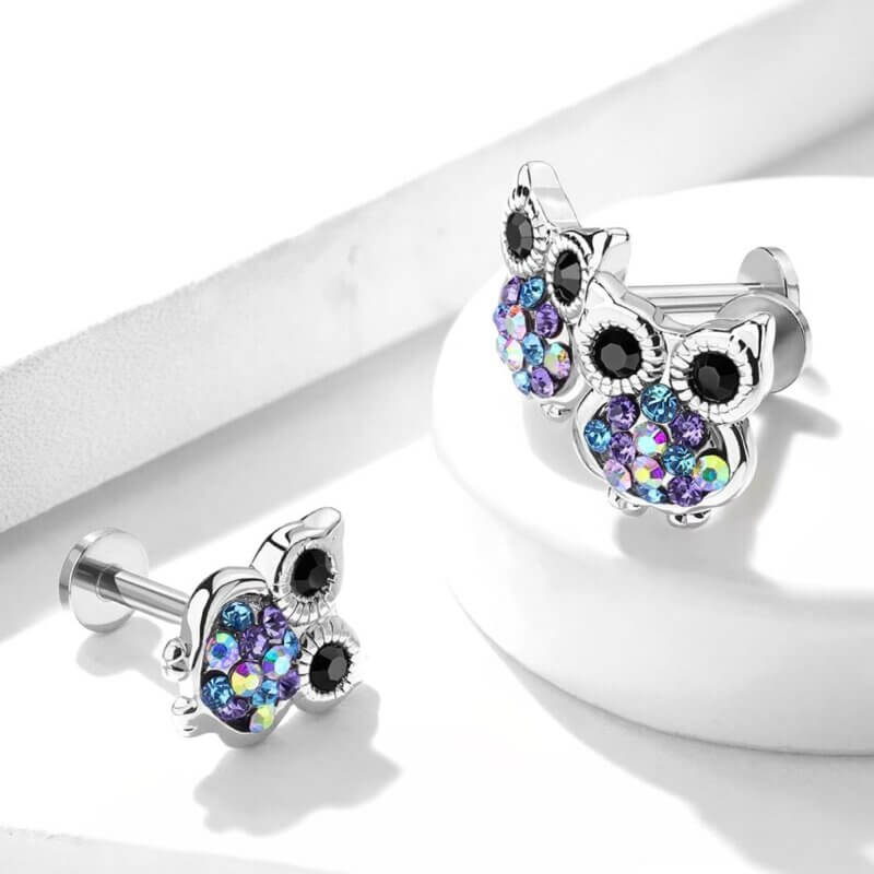 Multi Color Gemmed Owl Top Labret, Monroe, Cartilage Studs