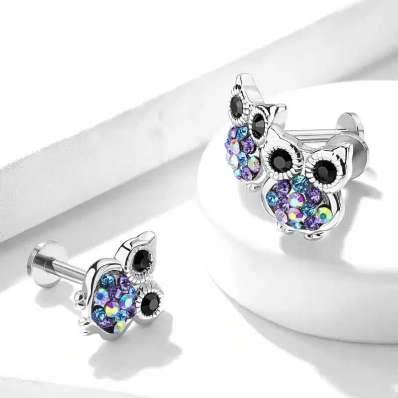 Multi Color Gemmed Owl Top Labret, Monroe, Cartilage Studs