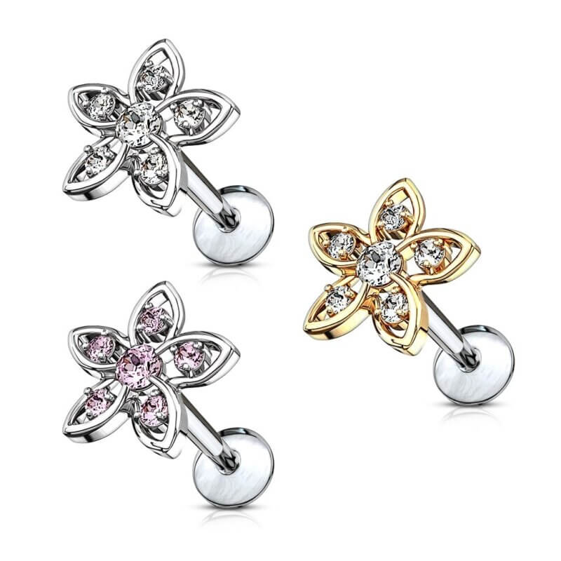 CZ Set Flower Top Labret, Monroe, Cartilage Studs