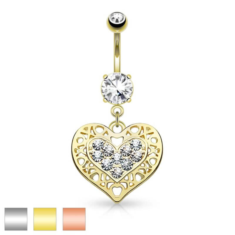 Tribal Heart Filigree Edged Crystal Paved Heart Navelpiercing
