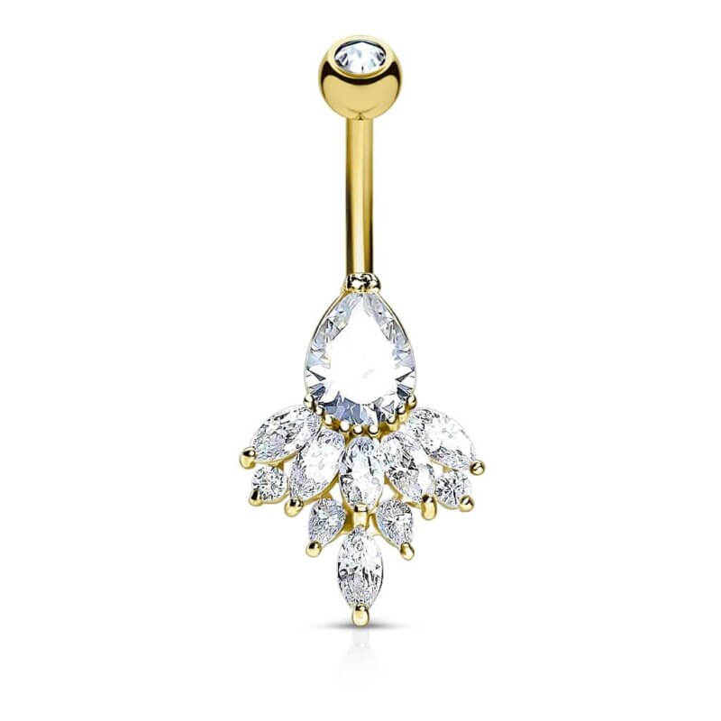 Navelpiercing i guld med droppformade kristaller