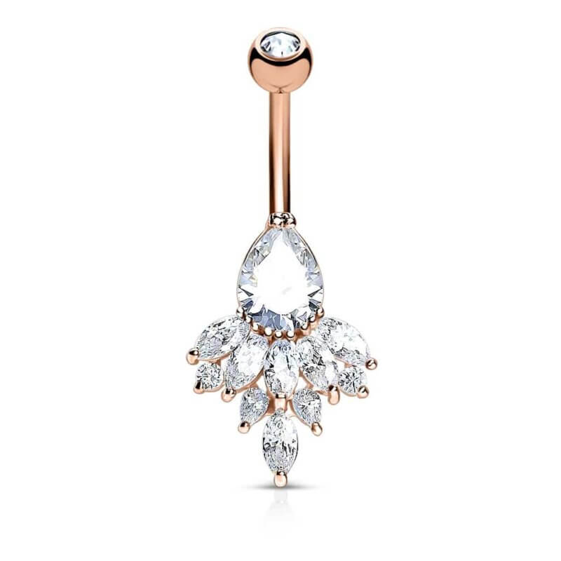 Navelpiercing i roséguld med droppformade kristaller