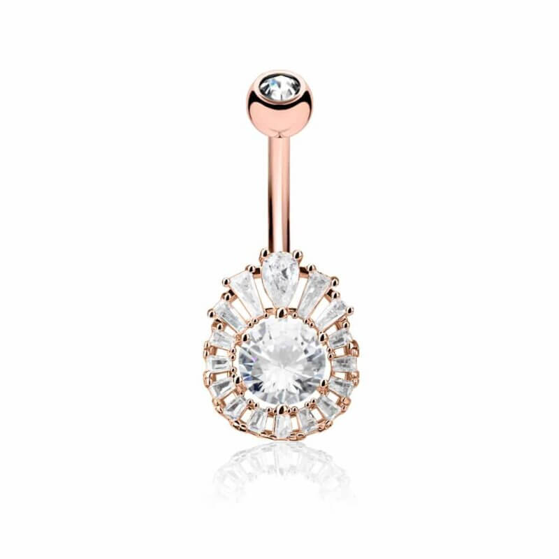 Navelpiercing i roséguld med kristaller