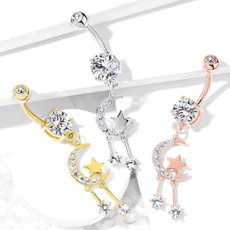 CZ Paved Crescent Moon and Star Dangle Navelpiercing