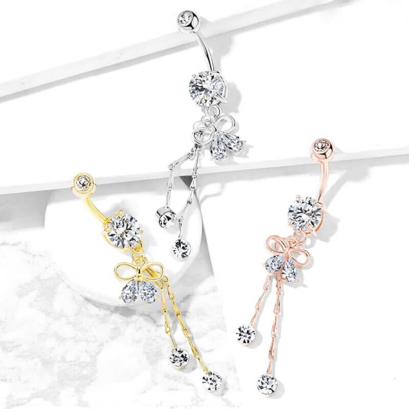Two Pear CZ Ribbon with Round Crystal on Chain Dangle Navelpiercing