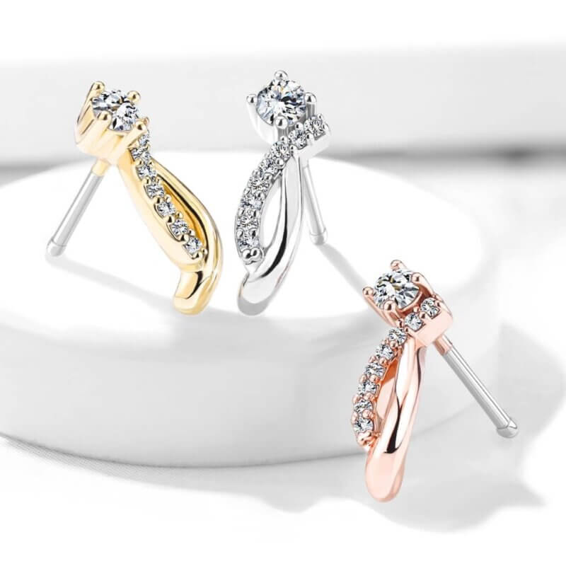 Round CZ and Crawling Lined CZ Curves Nose Stud Rings
