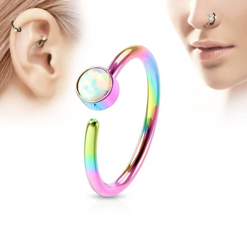 White Opal Set IP Plating over 316L Surgical Steel Nose Hoop Ring
