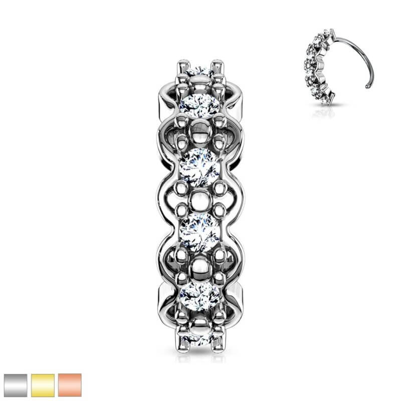 Lined CZ Center with Filigree Edges Bendable Hoops for Nose, Ear Cartilage