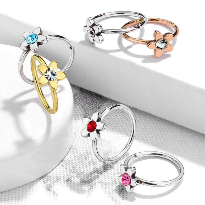 Clear Jeweled Flower Nose Hoop Rings