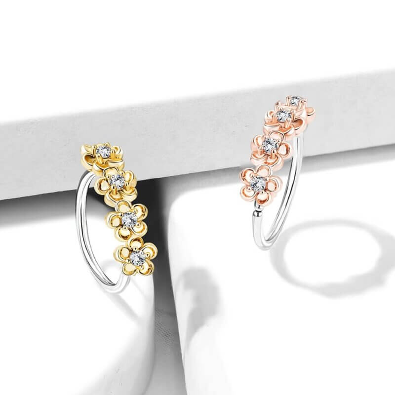 Four CZ Paved Flowers Nose, Cartilage Hoop Rings
