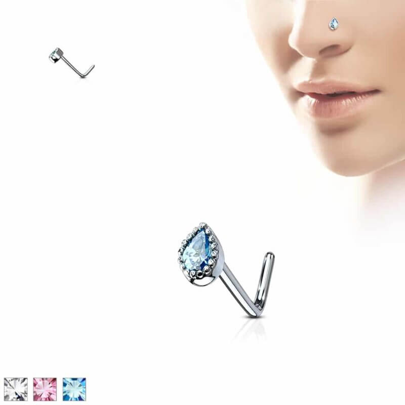 Gem Set Tear Drop L Bend Nose Stud