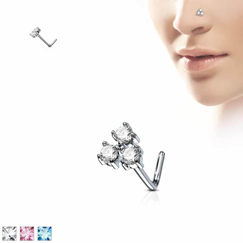 Three Prong Set Round CZ Triangle L Bend Nose Stud Rings