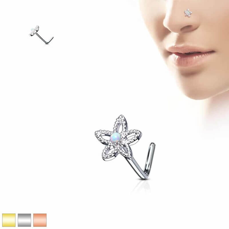 Flower Contour Dome Opal Center L Bend Nose Stud Rings