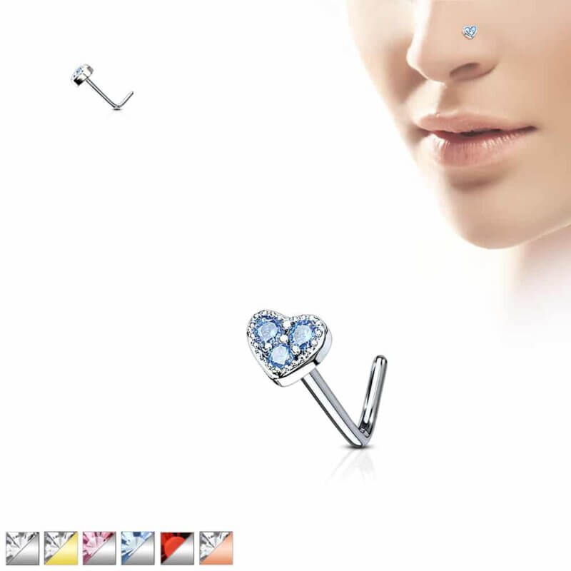3 CZ Paved Heart L Bend Nose Stud Rings