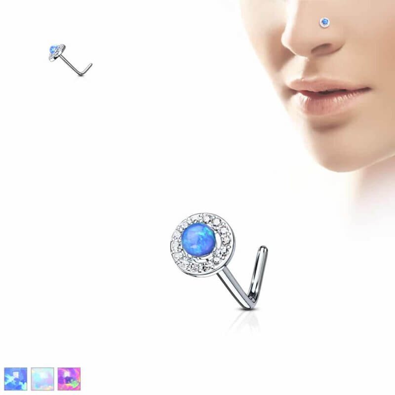 Dome Opal Center CZ Paved Circle L Bend Nose Stud Rings